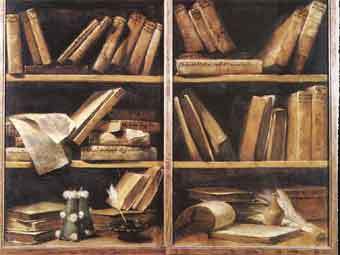 Фрагмент картины Дж.М. Креспи "Книжные полки" (1725). Иллюстрация с сайта wga.hu Фрагмент картины Дж.М. Креспи "Книжные полки" (1725). Иллюстрация с сайта wga.hu