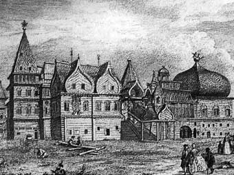 Дворец Алексея Михайловича в Коломенском на гравюре XVIII века. Иллюстрация с сайта msk-guide.ru