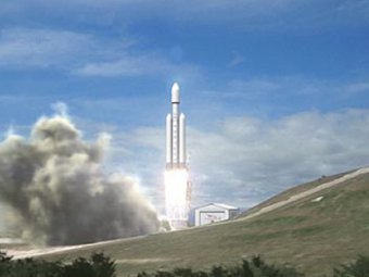 Компьютерная модель старта Falcon Heavy. Иллюстрация с сайта SpaceX
